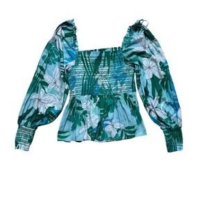 Boston Proper Smocked Tropical Puff Sleeve Top S